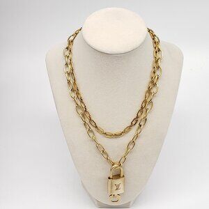 Authentic Louis Vuitton Gold Padlock w/ Unbranded Fashion Stainless Steel Chain
